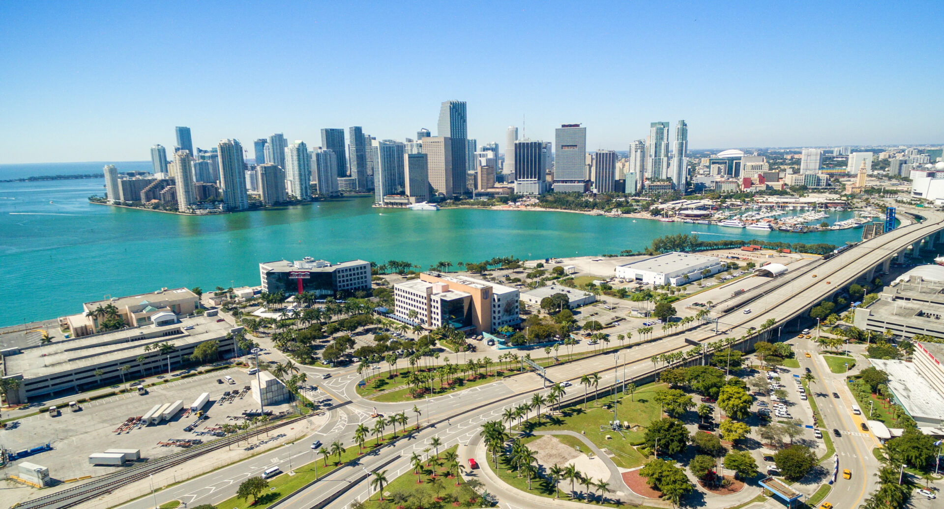 Awesome aerial view of Miami skyline from helicopter.
