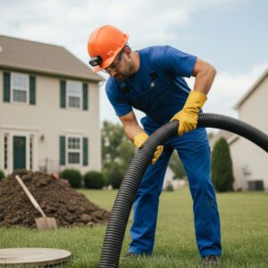 Septic tank cleaning in a backyard