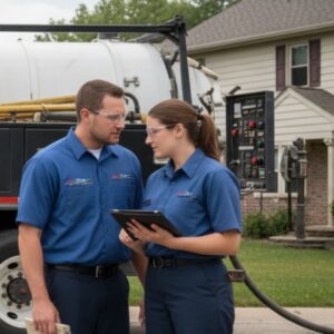 Team discussing plan outside of a house and truck