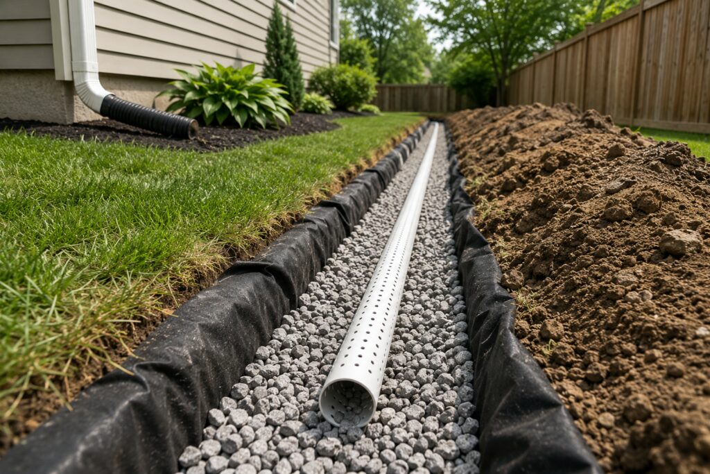 French drain installation with perforated pipe and properly sized gravel in a residential backyard drainage system.