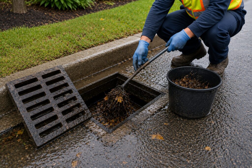 Worker cleaning debris from a roadside catch basin to maintain proper stormwater drainage and prevent blockages.