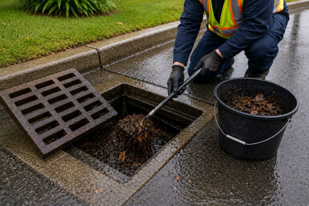 Worker removing leaves and debris from a storm drain catch basin during routine drainage maintenance.