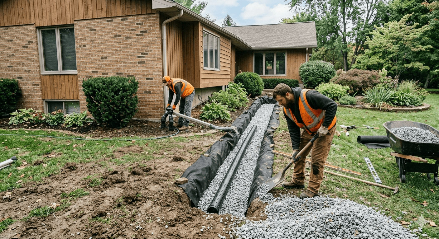Landscaping workers installing a French drain along a house foundation, shoveling gravel into a trench with a drainage pipe to protect the property from flooding.