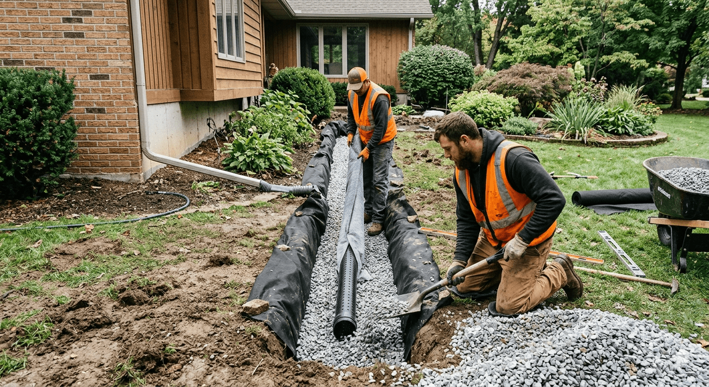 Two professional contractors installing a backyard French drain system with perforated pipe, gravel, and landscape fabric to prevent residential water damage.