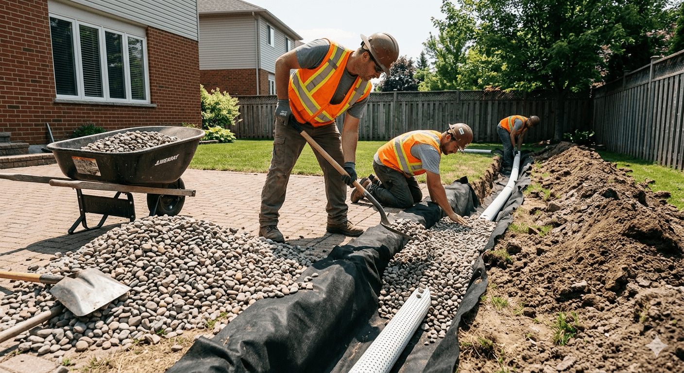 Workers installing a French drain system with gravel and perforated pipe beside a residential property to improve yard drainage and prevent water damage.