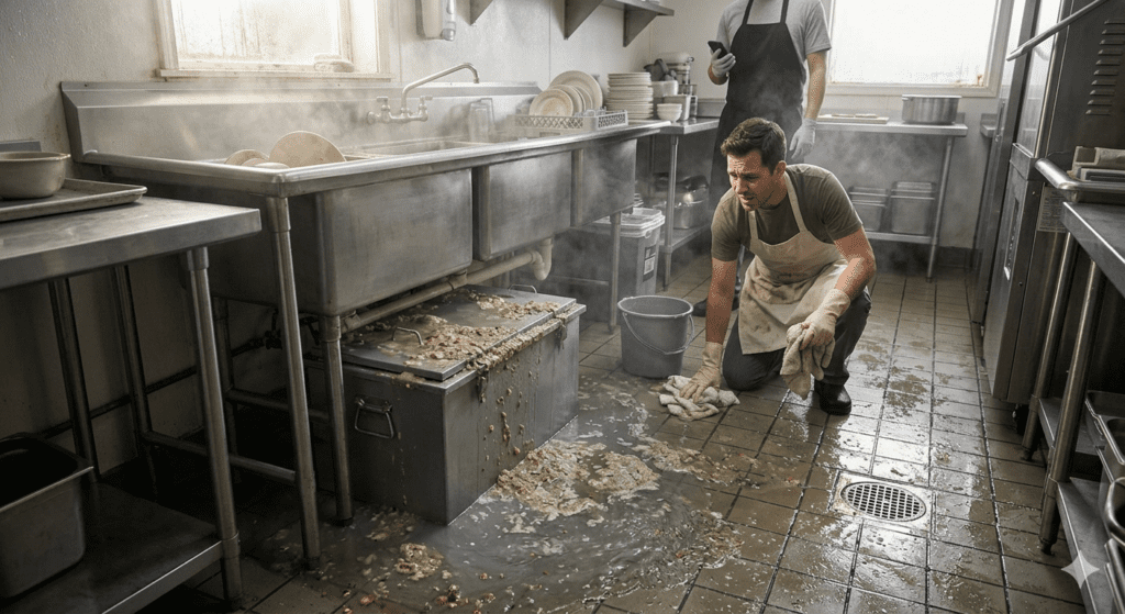 A distressed kitchen worker kneels on a wet floor, frantically mopping up murky, greasy backflow water leaking from an neglected, overflowing under-sink grease trap