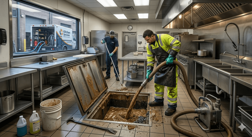 A technician in protective gear uses a vacuum hose to pump out a thick buildup of sludge from an open commercial grease trap installed in a kitchen floor
