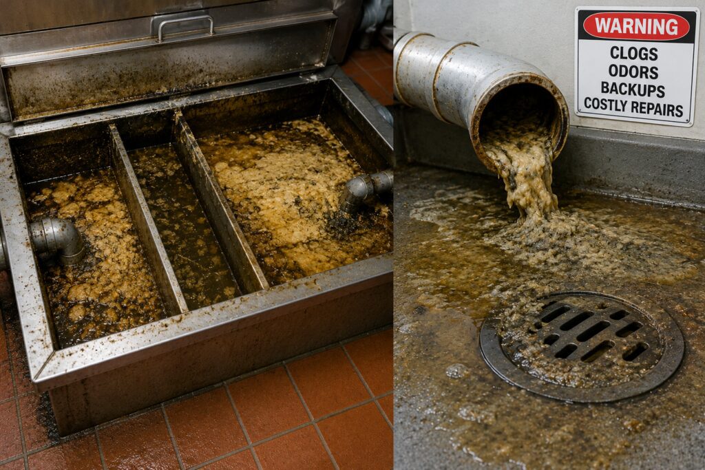 Overflowing grease interceptor causing clogged drains and grease buildup in a commercial kitchen